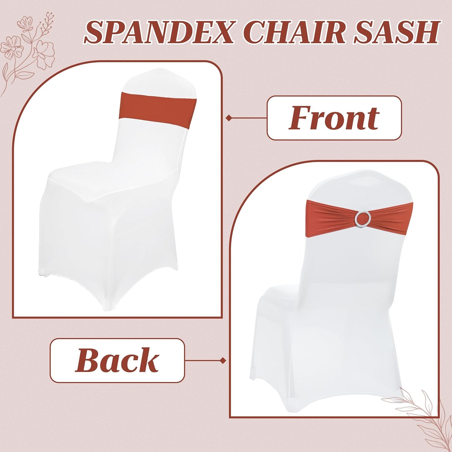MDS Premium Spandex Chair Sashes - Stretchy Bow Covers with Buckle Slider | 50 Pack in Terracotta