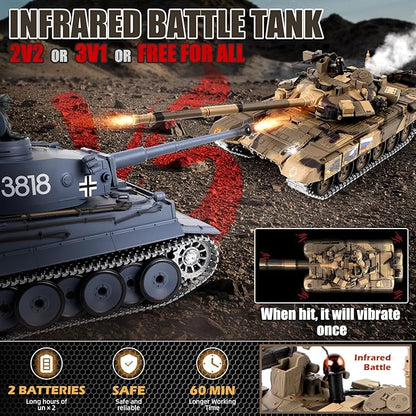1/16 RC Tank Heng Long Metal Tiger I Army Toy with Smoke Sound and Lights Remote Control Tank That Shoots with Upgraded Metal Tracks Idler and Sprocket Wheel Steel Gearbox Batteries*2