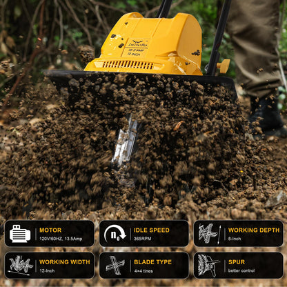 IncwBo Electric Tiller/Cultivator 4 Steel Tines, 8'' Tilling Depth Garden Roto Tillers for Gardening, 13.5 Amp 12 Inch Corded Rototiller with Adjustable Wheels, Yellow
