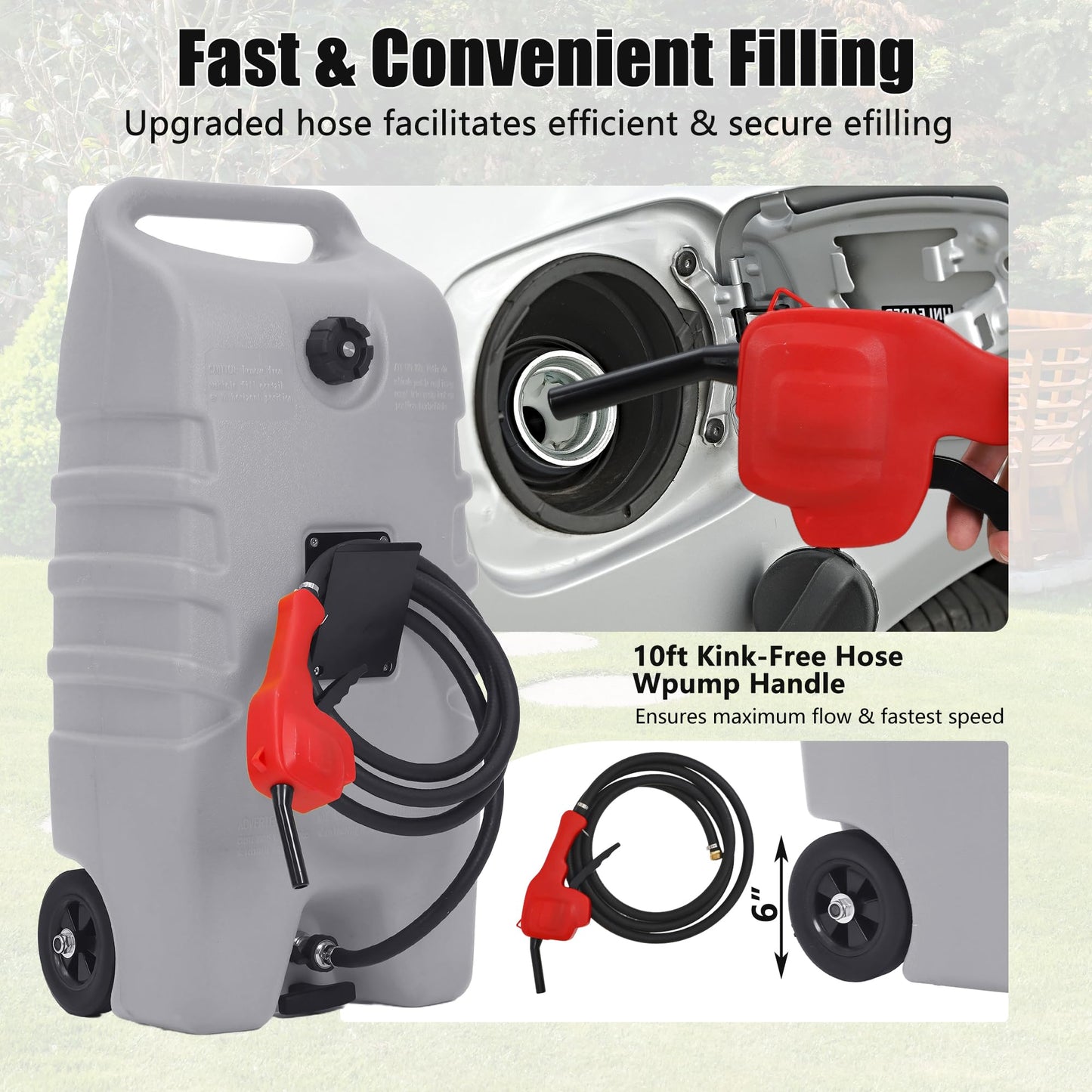 Garvee 14 gal Portable Fuel Tank, Gray Fuel Storage Container with Manual Siphon Pump & 10 ft Hose, Gasoline Diesel Caddy with Wheels, Fuel Transfer Tank for Car, ATV, Boat, Lawn Mower, Generator