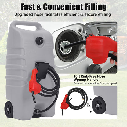 Garvee 14 gal Portable Fuel Tank, Gray Fuel Storage Container with Manual Siphon Pump & 10 ft Hose, Gasoline Diesel Caddy with Wheels, Fuel Transfer Tank for Car, ATV, Boat, Lawn Mower, Generator