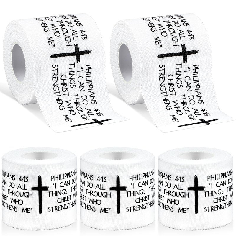 5Pcs Christian Athletic Tape 2in x 23ft Cotton Zinc Oxide Sport Faith Cross Sports Wristbands Religious Bible Verse Wrist Tape for Football Baseball Athlete Gymnastic Boxing First Aid Injury Wrap