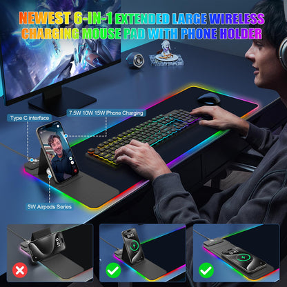 Mouse Pad with Wireless Charging, Large Desk Mat RGB Gaming Mousepad, 10 Light Colors LED Gaming Pad Keyboard Pad with Ultra-Smooth Surface & Non-Slip Rubber Base, Waterproof Full Desk Mouse Pad
