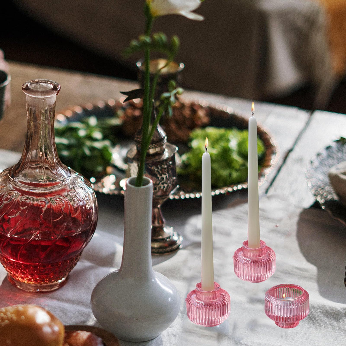 Woho Pink Candlestick Holders for Taper Candles Set of 4, Glass Taper Candle Holders Bulk for Birthday Party, Tea Lights Candle Holder for Wedding Festival