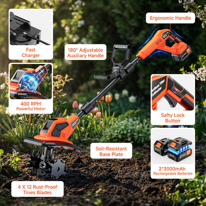 Cordless Electric Garden Tiller Cultivator, 6000mAh Battery Powered Tiller, Lightweight Rototiller for Gardening, 9.5In Tilling Width ＆ 7In Depth, Cultivators for Gardening/Weeding/Soil Cultivation
