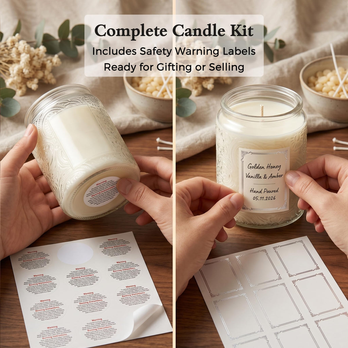 9-Pack 8oz Embossed Glass Candle Container with Bamboo Lids and Labels, Clear Candle Jars for Making Candles, Sun Moon Star Design