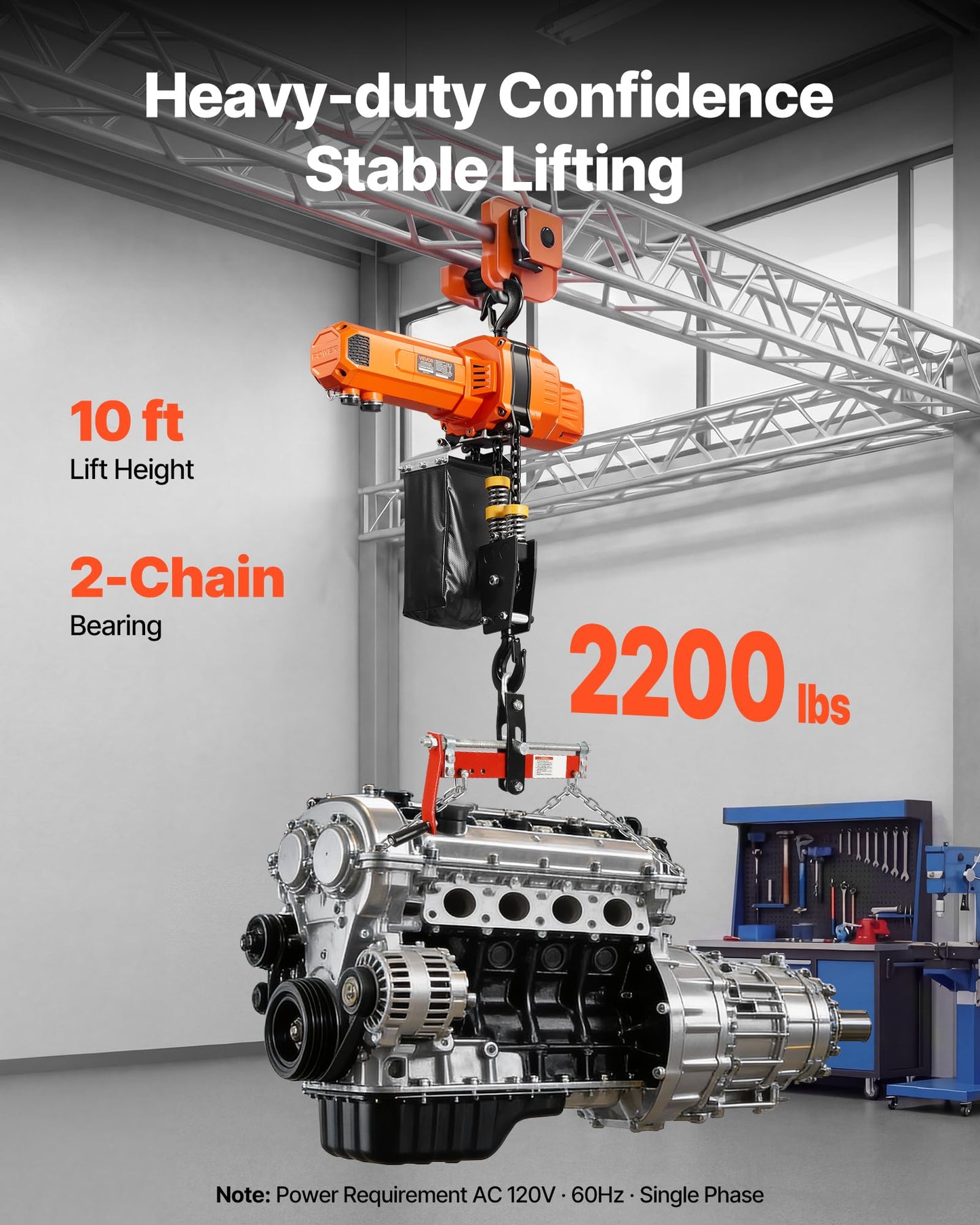 VEVOR 2-Speed Electric Chain Hoist 2200 lbs, G100 10ft Lifting Height, 120V 1-Phase Overhead Crane with 328ft Wireless & 8ft Wired Remote Control, Power Electric Hoist for Factory, Warehouse, Garage