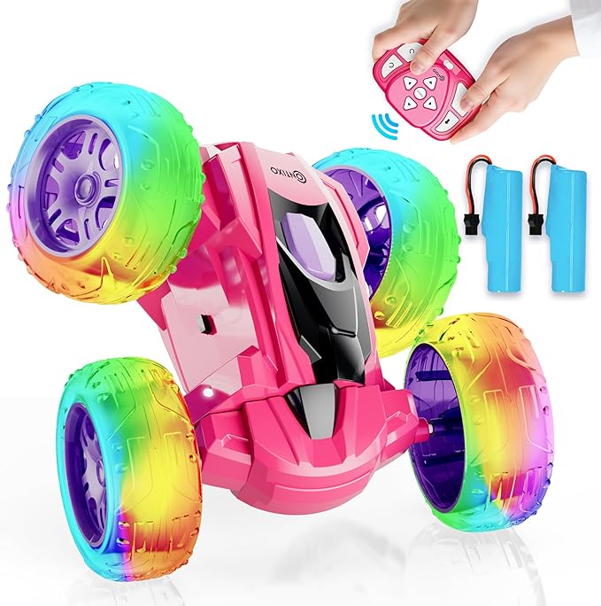 Contixo SC3A Toy Remote Control Car for Kids with Double-Sided 360° Rotating Stunt 4WD Off-Road RC Cars with LED Lights Birthday for Boys and Girls Ages 4 5 6 7 - Pink