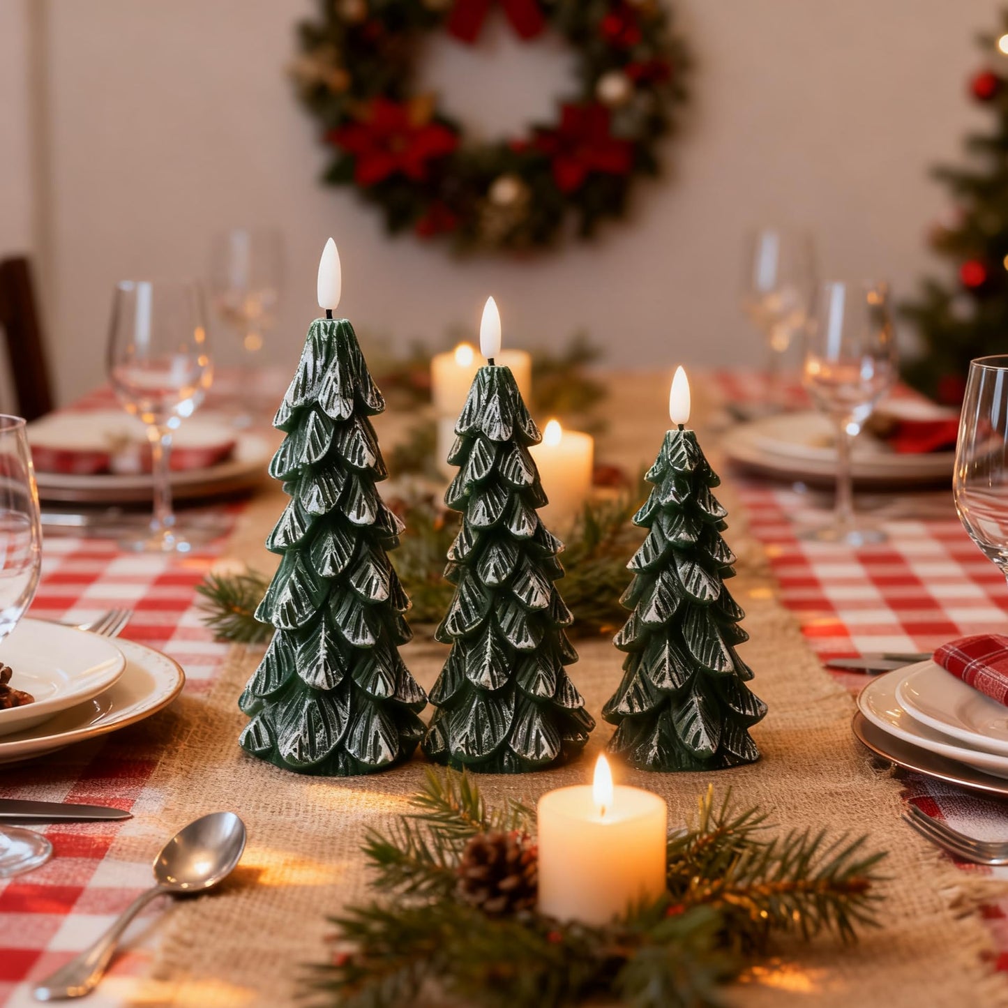 Peninpha 3Pcs Christmas Tree Candles with Remote Timer, Wax LED Flameless Candles Battery Operated with 3D Flickering Flame for Xmas Winter Décor,Green