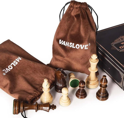 Vamslove Wooden Heavy Weighted Chess Pieces Only-3.8'' King-Extra 2 Queens-34 Wood Tournament Chessmen for Chess SetVelvet Storage Bags Included