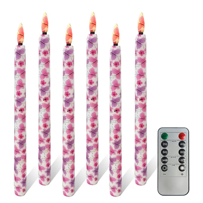 FCMSHAMD 6PCS Pink Butterfly Flameless Taper Candles, 11 Inch LED Candlesticks Battery Operated with 11-Key Remote and Timer, 3D Flickering Flame Lights for Wedding Party Home Decor Gifts