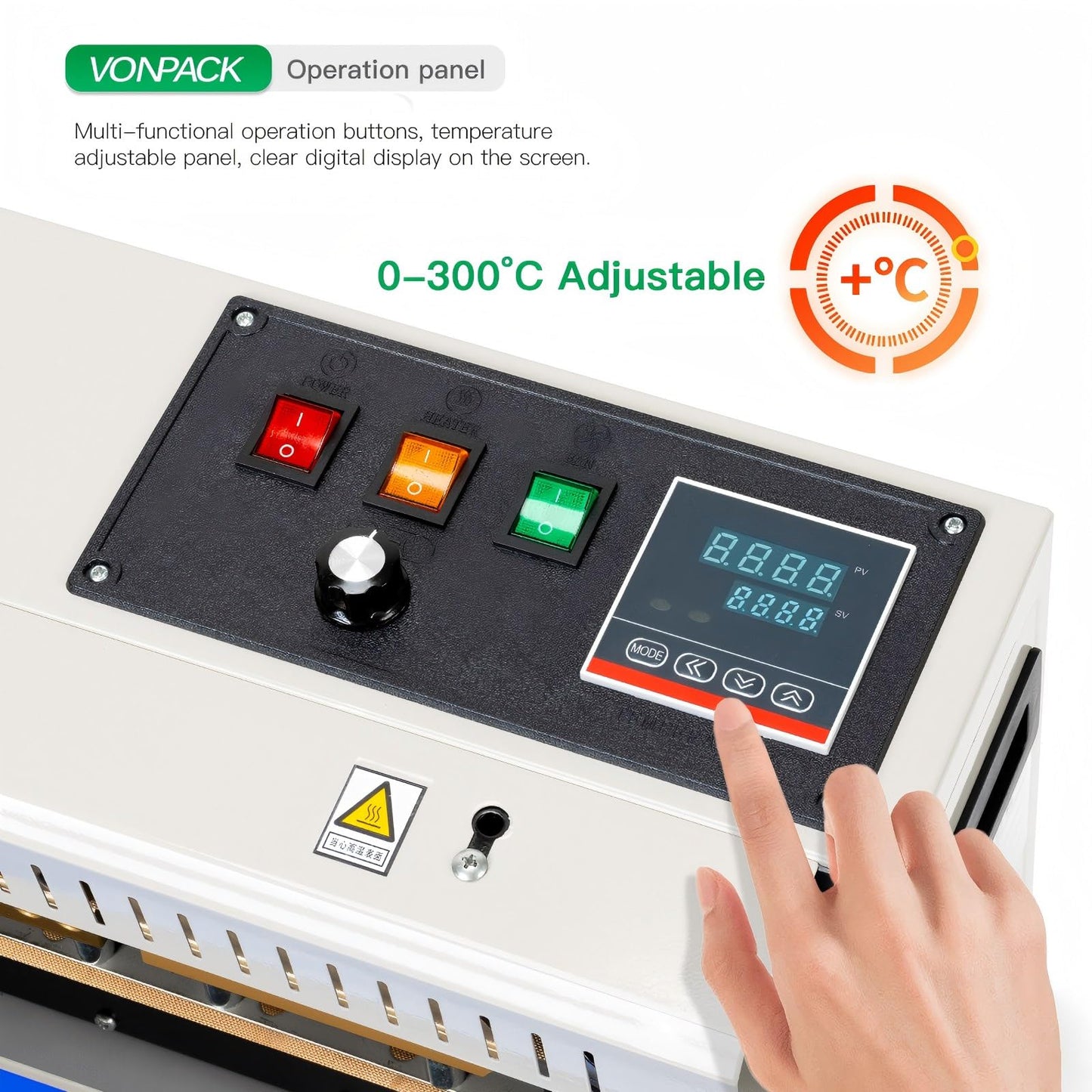 VONPACK FR-900 Automatic Continuous Band Sealing Machine, 220V Bag Sealer Industrial Factory Kitchen Packing Machine Heat Sealing Adjustable Intelligent Temperature Control for Plastic Bag Food Film