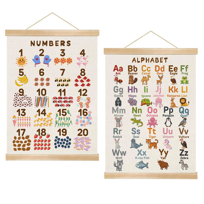 Alphabet and Numbers Chart Poster Set of 2, Alphabet Numbers Wall Art 14x18.5inch,ABC Banner Posters, Banner Wall Hanging Decor for Toddler Room Playroom Nursery Wall Classroom Decor (Sakura Pink ABC&123)
