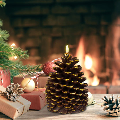 Yongmao Large Pine Cone Flickering Flameless Candles with Timer, Battery Operated Real Wax LED Candles for Christmas Home Party Decoration, Brown