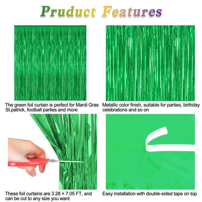4 Pack Green Streamers, 3.28 FT x 7.05 FT Birthday Tinsel Backdrop, Metallic Foil Fringe Curtains Photo Booth Backdrop, Green Jungle Theme Decorations Birthday Decor