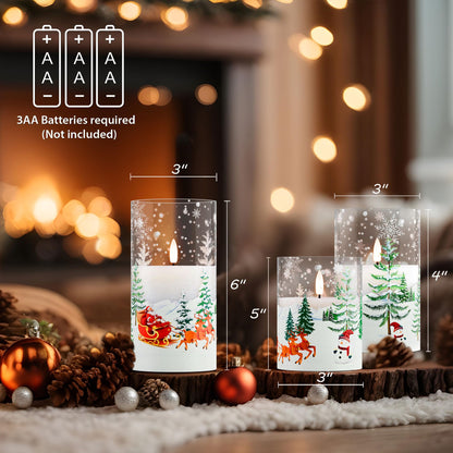 AFINETH Christmas Flameless Candles with Remote, Glass Santa Claus Battery Operated Candles, Real Wax Flickering LED Pliiar Candles for Xmas, Holiday, Home Decor, Set of 3