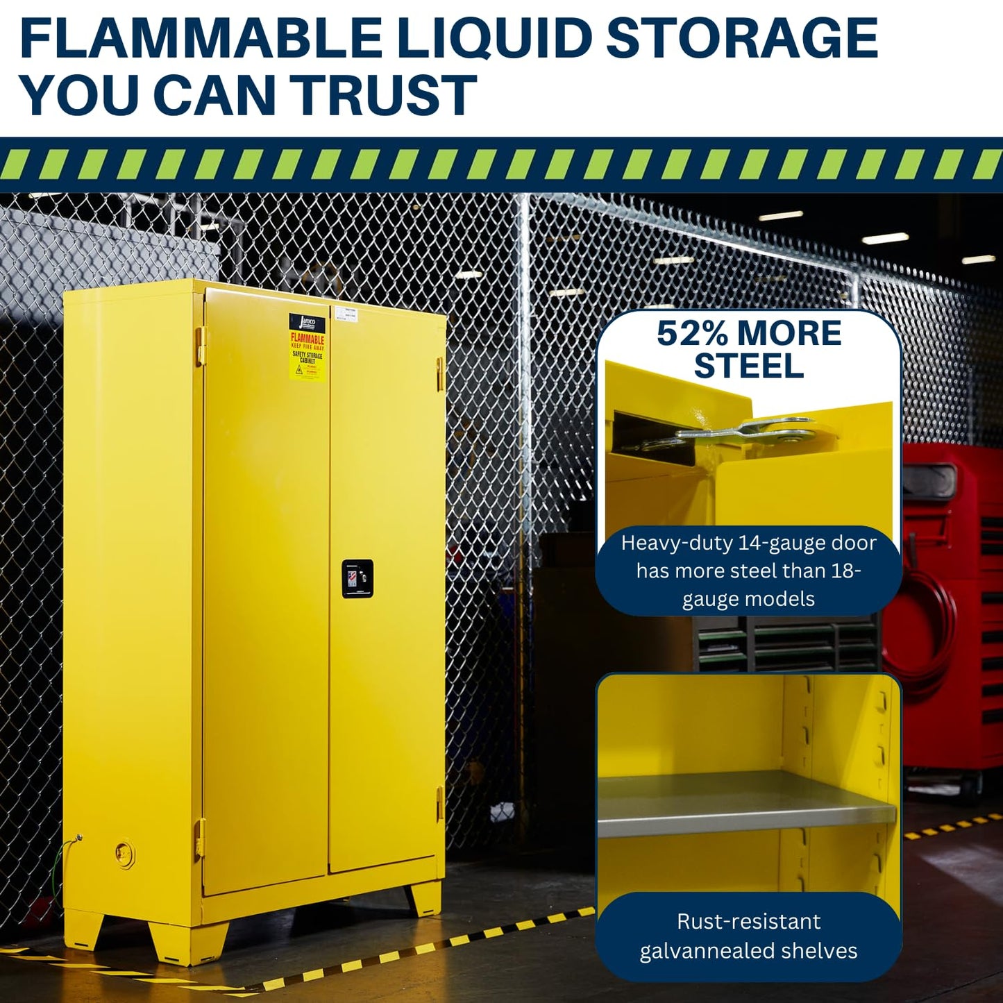 Jamco 45 Gallon Flammable Safety Cabinet, Steel Flammable Storage Cabinet with Lockable Manual Closing Doors, Forkliftable, 43" x 18" x 70", Yellow