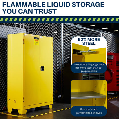 Jamco 45 Gallon Flammable Safety Cabinet, Steel Flammable Storage Cabinet with Lockable Manual Closing Doors, Forkliftable, 43" x 18" x 70", Yellow