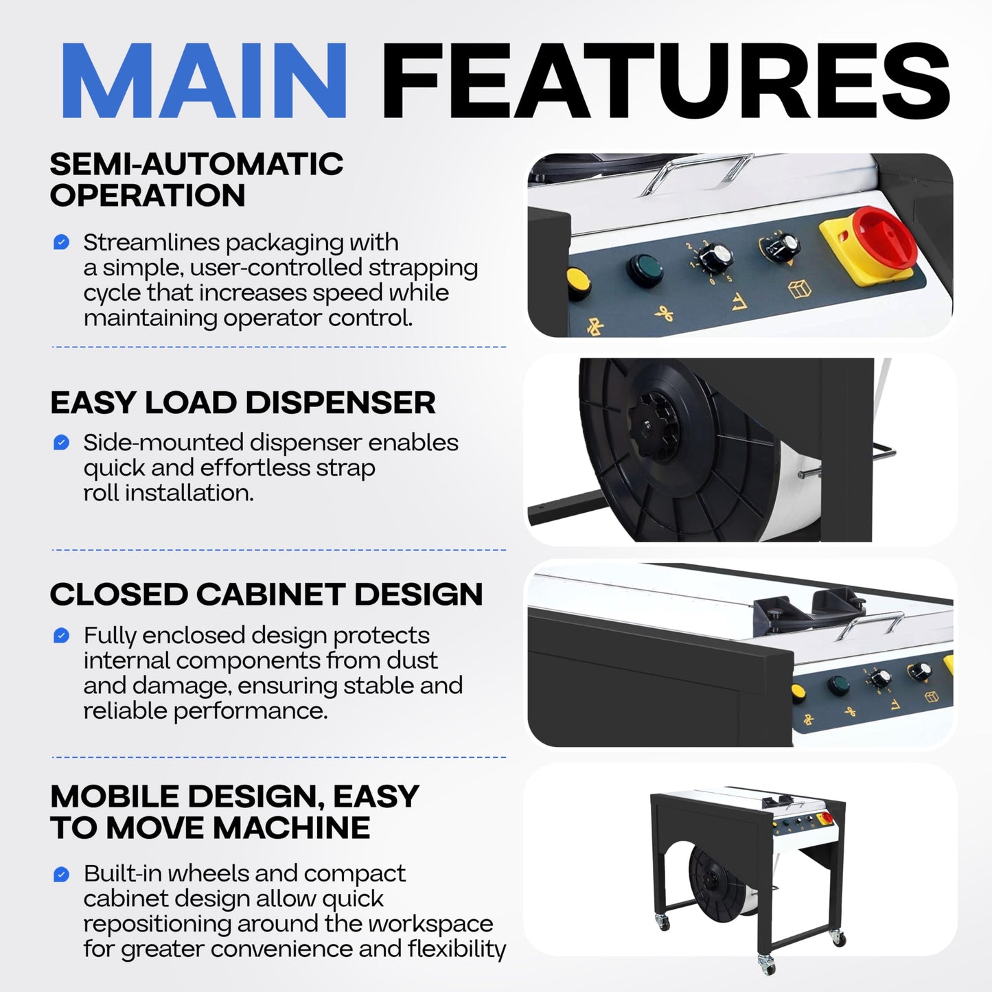 IDL Packaging Semi-Automatic Table Top Strapping Machine for Polypropylene (PP) Strapping - Closed Cabinet Design - Electronic Tension Control - Quality Materials and Low Maintenance Needs