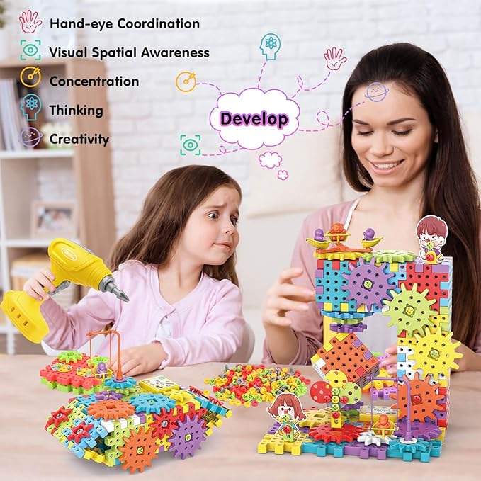 Building Toys 234 Pieces Upgrade Gear Building Blocks Set Kids Tool Set with Electric Drill Kids Toys STEM Kits Gifts for Boys Girls Age 3+
