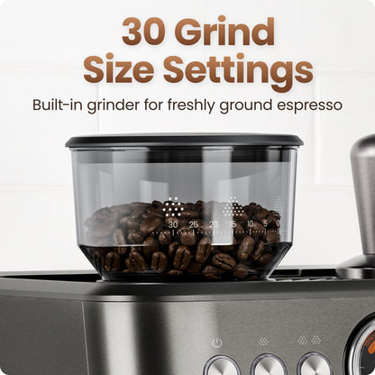 Chefman Crema Deluxe Espresso Machine with Double Boiler, Use Milk Frother and Brew Espresso Simultaneously, Professional Coffee Maker with Coffee Grinder and Steam Wand, 30 Grind Settings