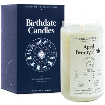 Birthdate Candles, April 25 - Taurus Zodiac Scented Candles Birthday Gift - Cedar, Sandalwood & Eucalyptus Scent - All-Natural Soy & Coconut Wax, 60-80 Hour Burn Time - Made in USA