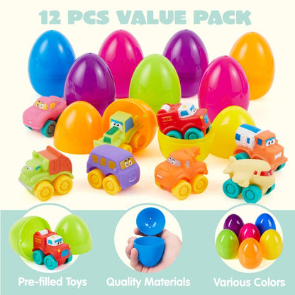 JOYIN 12 Pcs Easter Eggs with Toys, Plastic Eggs with Rubber Cars, Basket Stuffers, Party Favors for Toddlers and Kids, Easter Game, Classroom Prize Supplies
