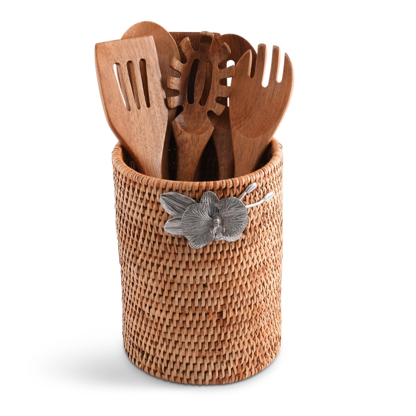 Vagabond House Wicker Rattan Utensil Holder, 8 Inches Tall, Large Kitchen Organizer with Pewter Orchid, Woven Boho Decor for Practicality and Style