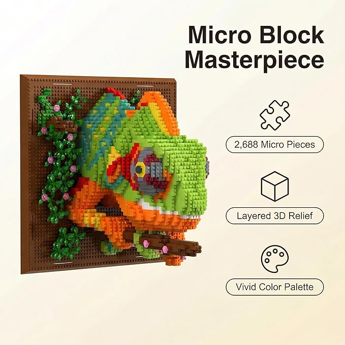 Chameleon 3D Wall Art Micro Mini Building Blocks Set Animal Mosaic Display Model for Wall or Tabletop Decor 2688 Micro Pieces with Step-by-Step Instructions Creative Gift for Teens &amp Adults