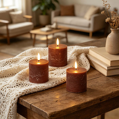 Brown Flameless Pillar Candles with Remote, Real Wax LED Candles Set of 3 (3x3Inch), 3D Flickering Flame, Battery Operated Candles with Timer for Home Decor, Table Centerpiece, Farmhouse Fall Decor