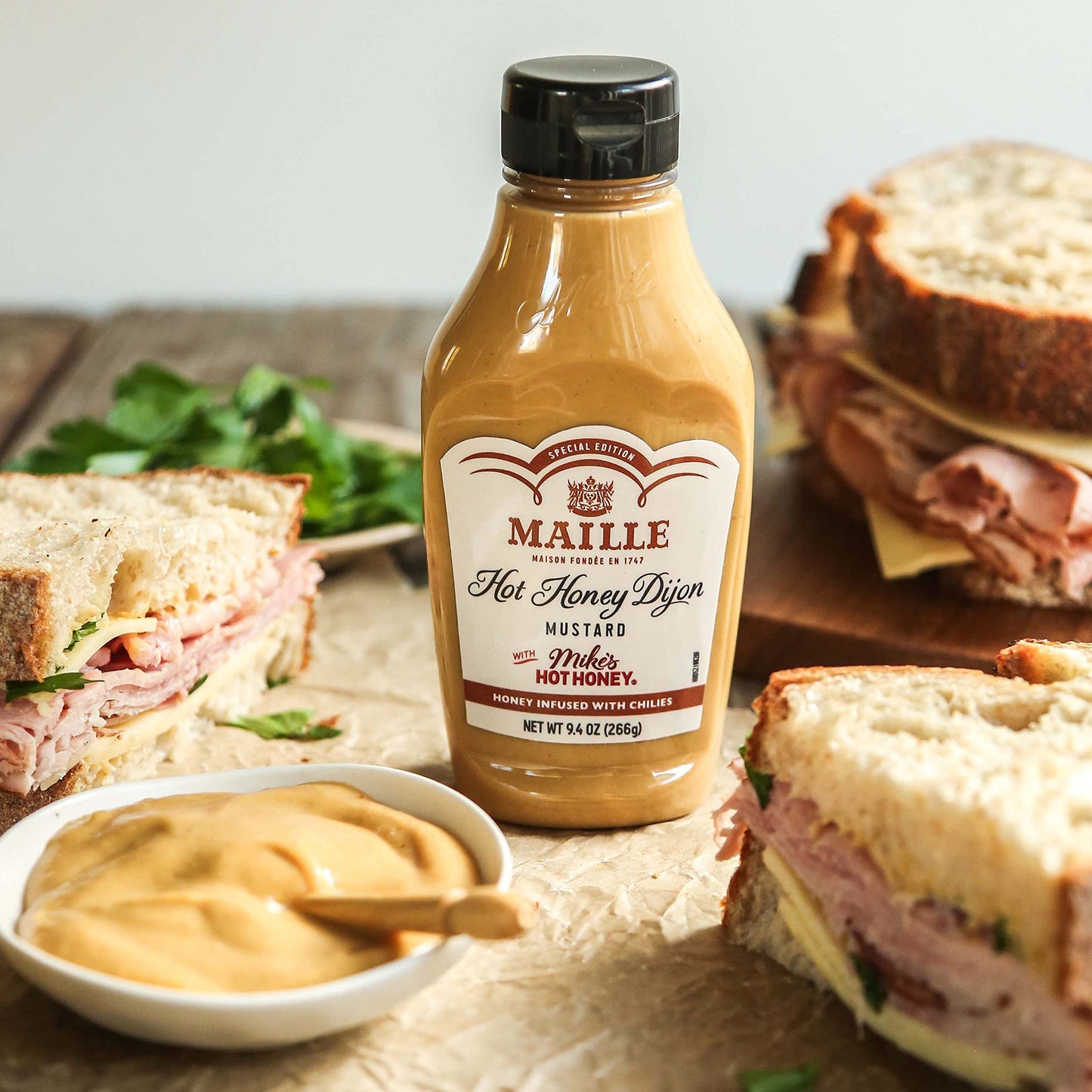 Maille x Mike's Hot Honey Special Edition Savory-Sweet Condiment with a Spicy Kick Hot Honey Dijon Mustard Gluten-Free, Shelf-Stable 9.4oz