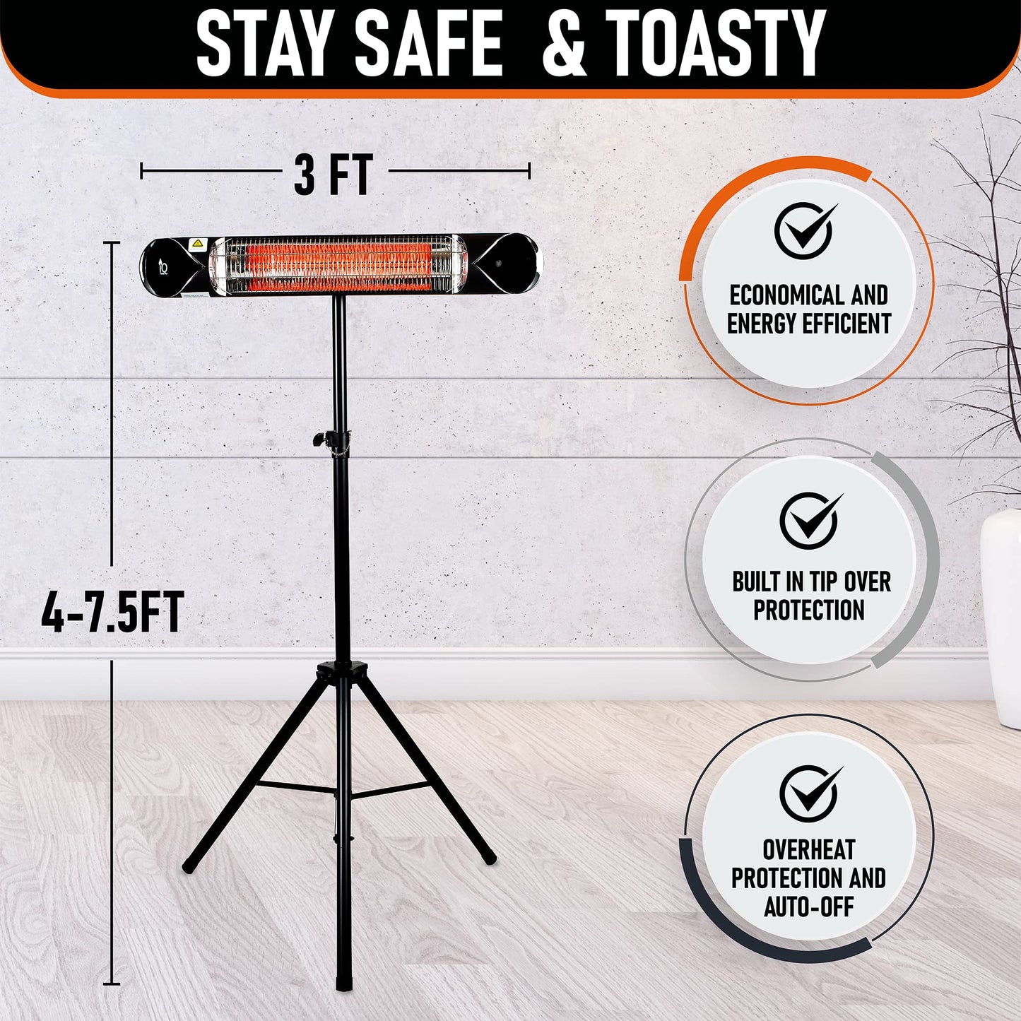 iQ Heat Wave 1500W Carbon Infrared Heater - Indoor/Outdoor Weatherproof Electric Heater with Tripod Stand and Remote - Experience Next-Level, Efficient Heating