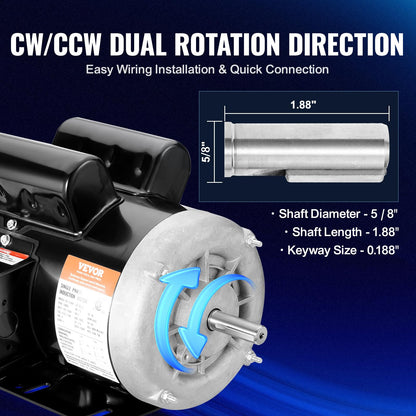 VEVOR 1.5HP Electric Motor 3450 RPM, AC 115V/230V, 56 Frame, Air Compressor Motor Single Phase, 5/8" Keyed Shaft, CW/CCW Rotation for Agricultural Machinery and General Equipment
