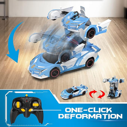 FDJ RC Cars - Transform Remote Control Car 2.4Ghz 1:18 Scale Transforming Police Car Toy with Flashing Light One Button Deformation 360 Degree Rotating Drifting Kids Toys Car for Boys Girls