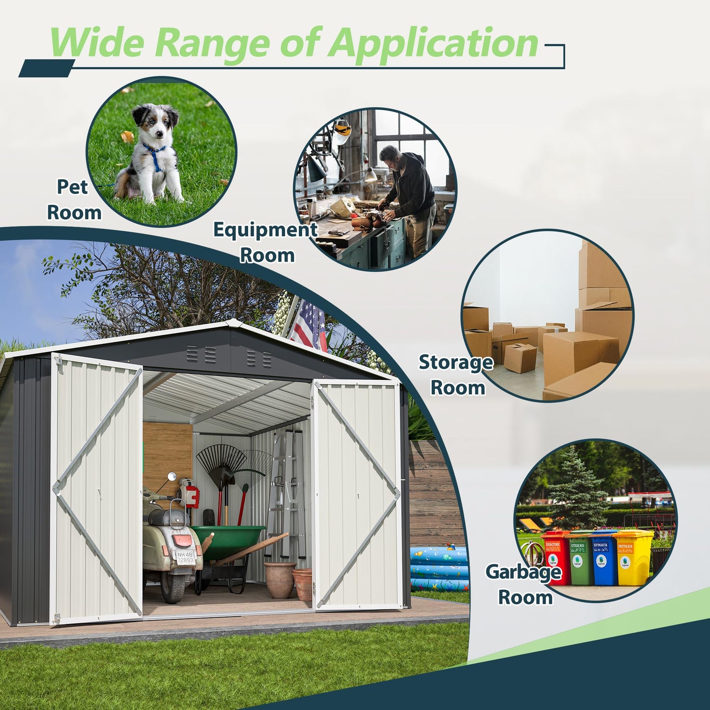 10'x10' Galvanized Steel Storage Shed with 4 Top Air Vents, Lockable Double French Door Large Garden Tool Shed, Black