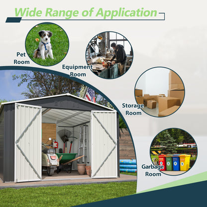 10'x10' Galvanized Steel Storage Shed with 4 Top Air Vents, Lockable Double French Door Large Garden Tool Shed, Black