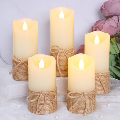 Crystal Club Flameless Candles Flickering with Timer, Set of 5 Battery Pillar Candles with Hemp Rope, Realistic Wax Candle Lights for Summer Party Home Table Décor
