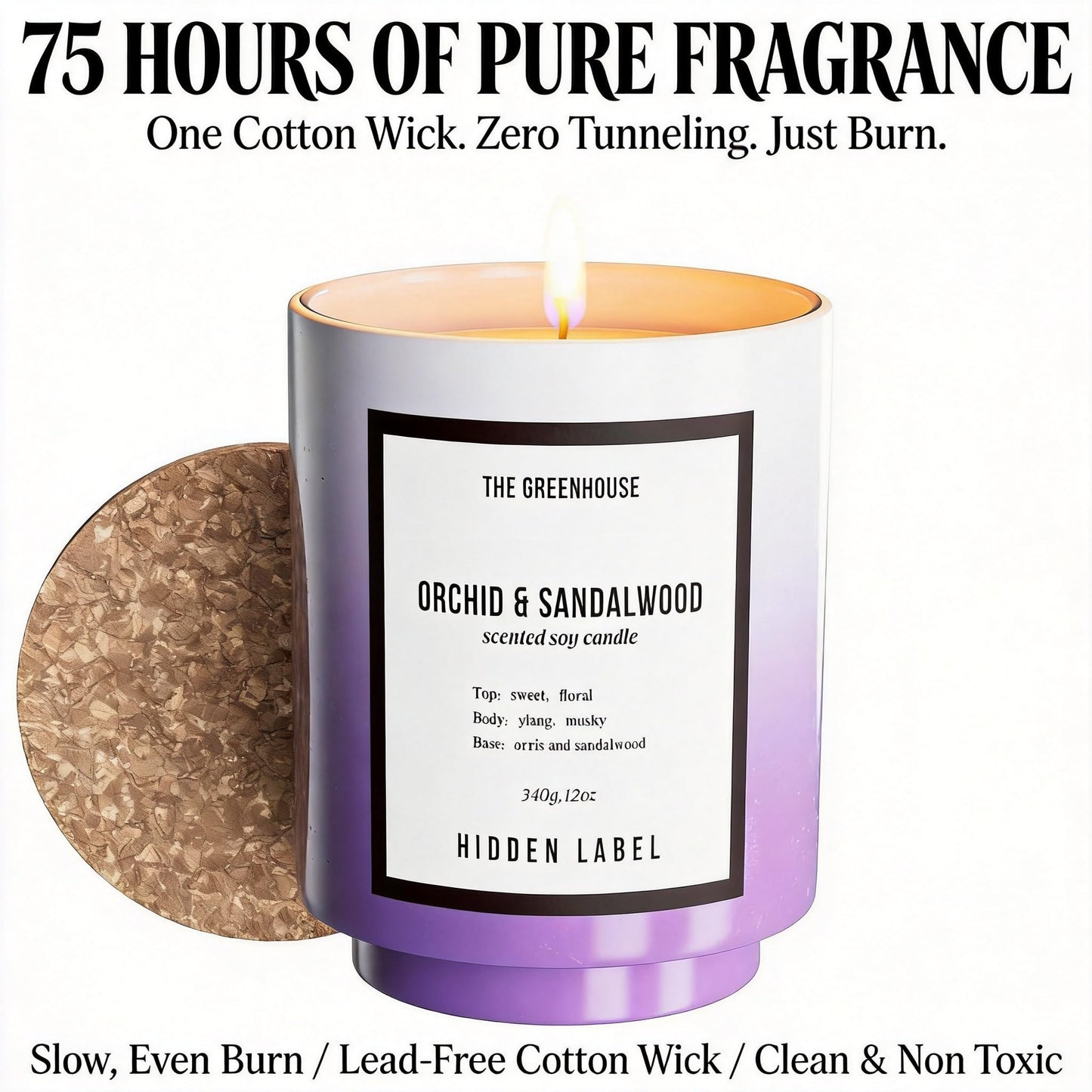 Hidden Label Orchid & Sandalwood Candle, 12oz Natural Soy Wax Non Toxic, 75H Long Lasting Aromatherapy Candle, Essential Oil Jar Candles for Home Scented, Pretty Stress Relief Meditation Gift for Her