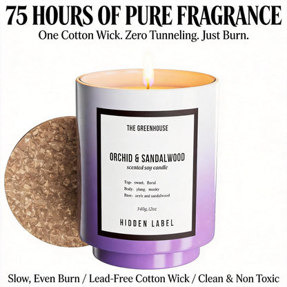 Hidden Label Orchid & Sandalwood Candle, 12oz Natural Soy Wax Non Toxic, 75H Long Lasting Aromatherapy Candle, Essential Oil Jar Candles for Home Scented, Pretty Stress Relief Meditation Gift for Her