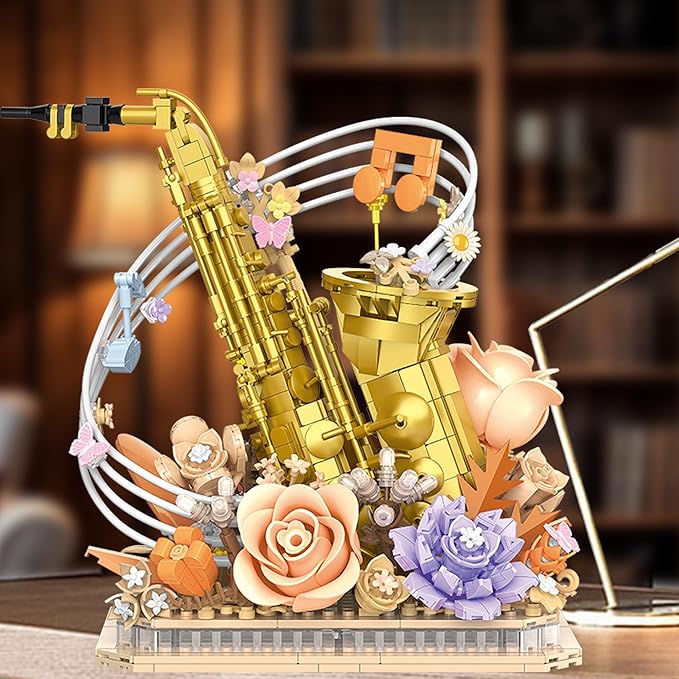 Mini Building Blocks Sets Flower Saxophone - 1000+PCS Musical Instrument Micro Building Bricks Kit Toy - Creative Ideals Collectible Architecture Decoration Gift for Adults(Saxophone Flower)