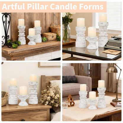 MODE HOME Rustic White Wood Candle Holders Set of 3, Farmhouse Beaded Wood Pillar Candle Holder, Candle Holders for Pillar Candles & Candlesticks, Candle Sticks Holder Decor for Table Centerpiece
