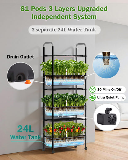 Growell Large Hydroponics Growing System Kit, 81 Pods Vertical Indoor Herb Garden Kit with LED Grow Light & Independent Water Pump, 42L Movable Indoor Planter Perfect Gardening Gifts (3 Tier-Black)