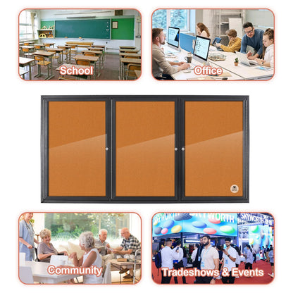 Enclosed Bulletin Board Lockable,3 Doors Weatherproof Outdoor Noticeboard with Locking Door, Wall-Mounted Aluminum Framed Presentation Board, 70x36 Inch