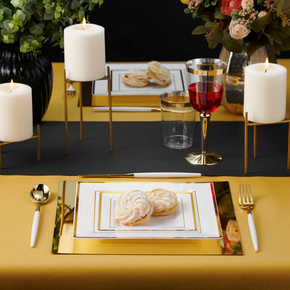 Gold Disposable Plates Set For 50 Guest - 350 Piece Gold Plastic Dinnerware Set - 100 Gold Rimmed Square Plastic Plates, 50 Gold Rimmed Plastic Cups, 50 Paper Napkins, 50 Gold Silverware Set
