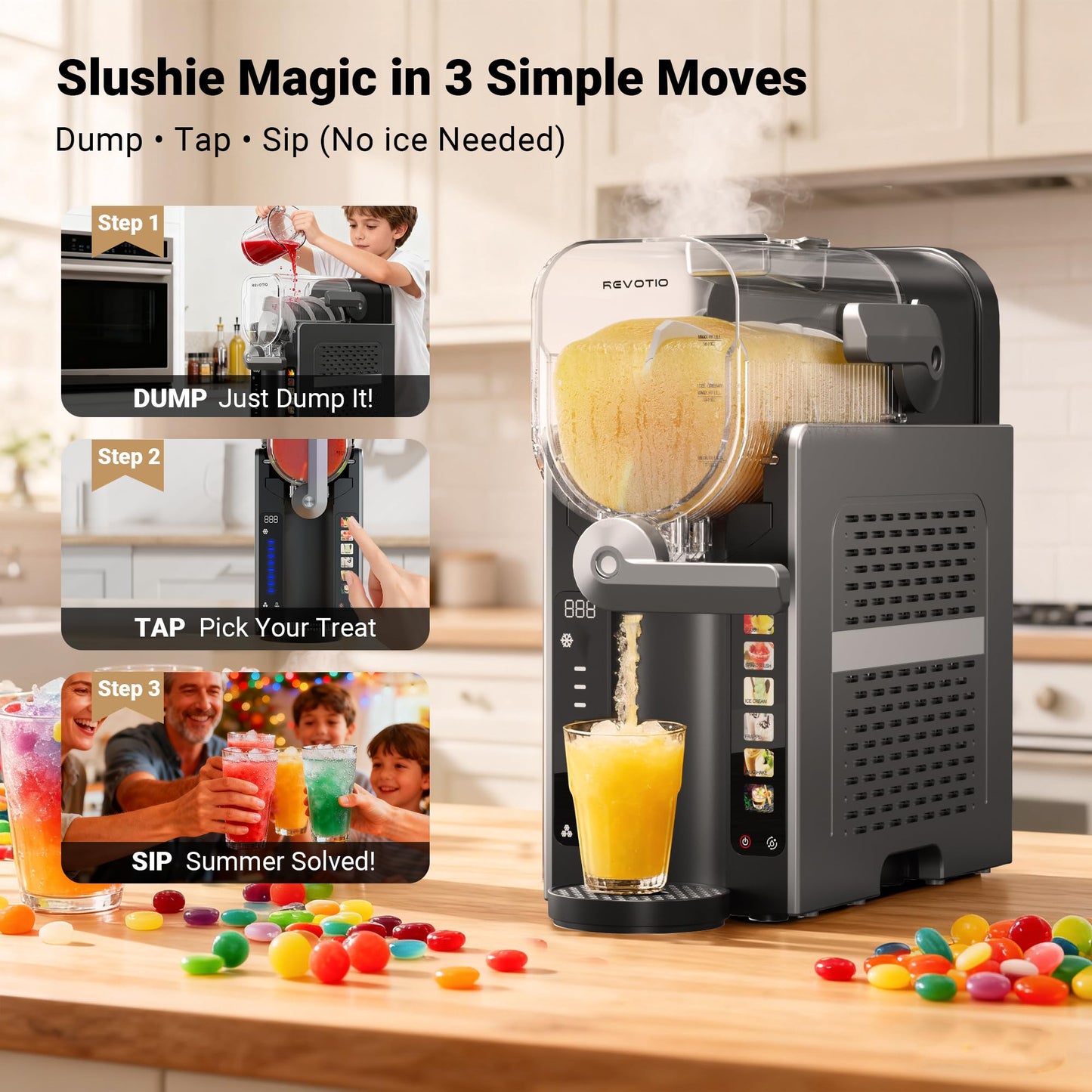REVOTIO Slushie Machine for Home, 88 oz Slushy Machine, No Ice Needed Frozen Drink Maker with 6 Presets, Quiet, Auto-Clean, LED Display, Black, Perfect for Margaritas, Frappés, Milkshakes and More
