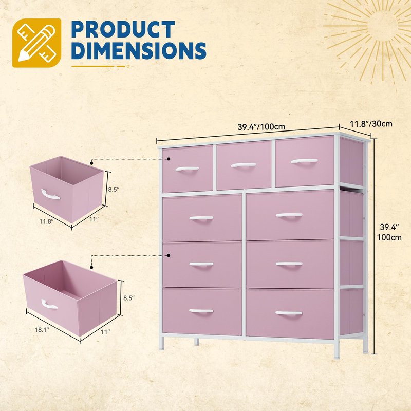 DWVO Dresser with 9 Drawers, Fabric Storage Dresser, Closet Dresser & Chest of Drawers for Living Room, Closets - Sturdy Steel Frame, Wooden Top & Easy Pull Fabric Bins(Pink)