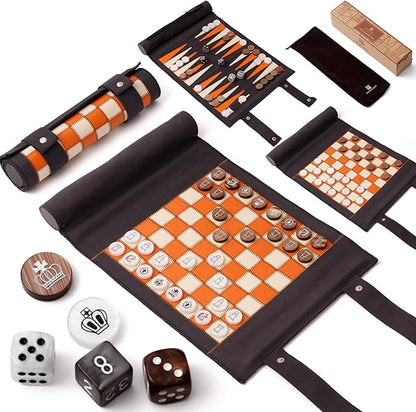 Woodronic 3 in 1 Travel Chess Checkers Backgammon Set Roll-up Leather Backgammon Game Set with 32 Pearl Textured Pieces and 5 Dices Portable Travel Strategy Board Game Set for Adult Navy Blue