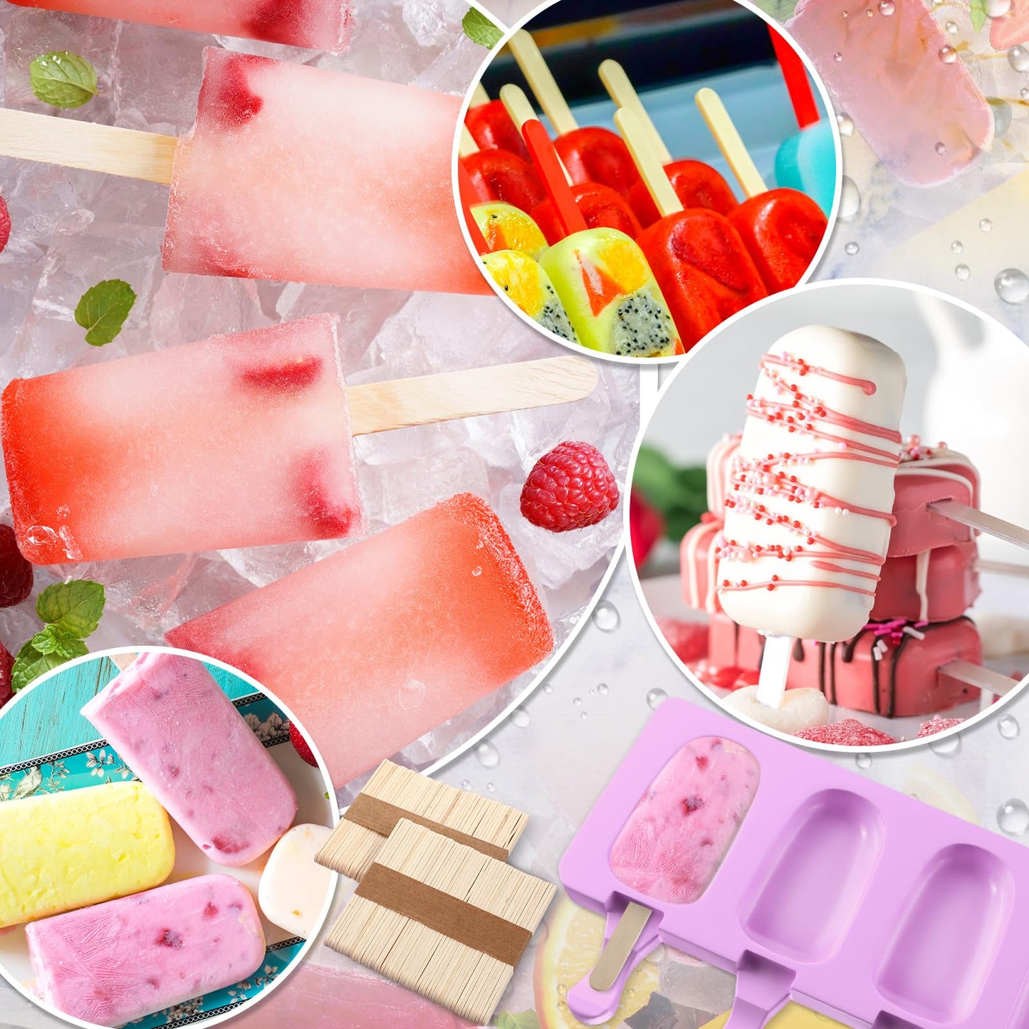 Outus 4 Pieces Ice Cream Mould Silicone Ice Lolly Mold 4-cavity Cake Pop Moulds Baking Molds with 200 Pieces Sticks for Treats (Purple)