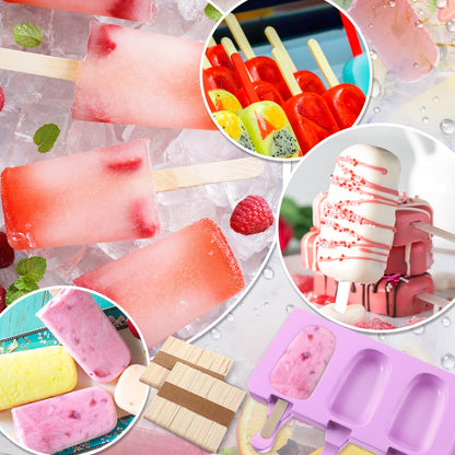 Outus 4 Pieces Ice Cream Mould Silicone Ice Lolly Mold 4-cavity Cake Pop Moulds Baking Molds with 200 Pieces Sticks for Treats (Purple)