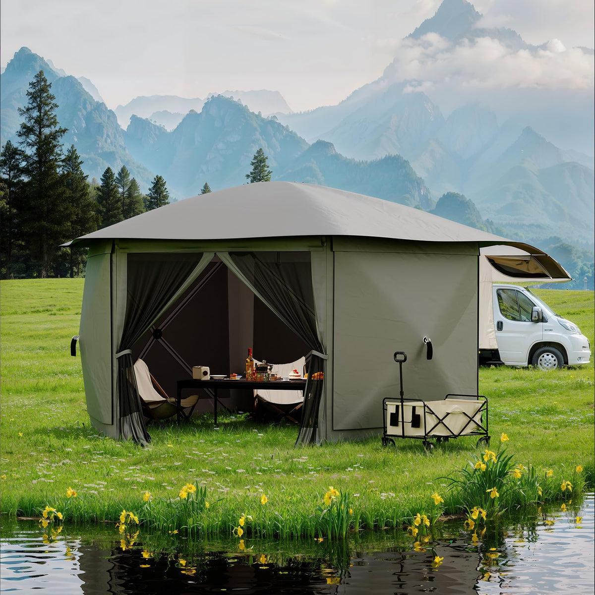 GarveeLife 13x13FT 6-Sided Pop Up Gazebo Tent，One-Push Setup Canopy Tent with Removable Canopy Top & Wind Cloths, Outdoor shelter for Camping, Backyard Parties, Outdoor Events - Grey